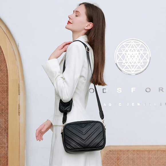 Chevron Quilted Small Crossbody Bag with Coin Purse Pouch, Women Square Camera S - Picture 7 of 8